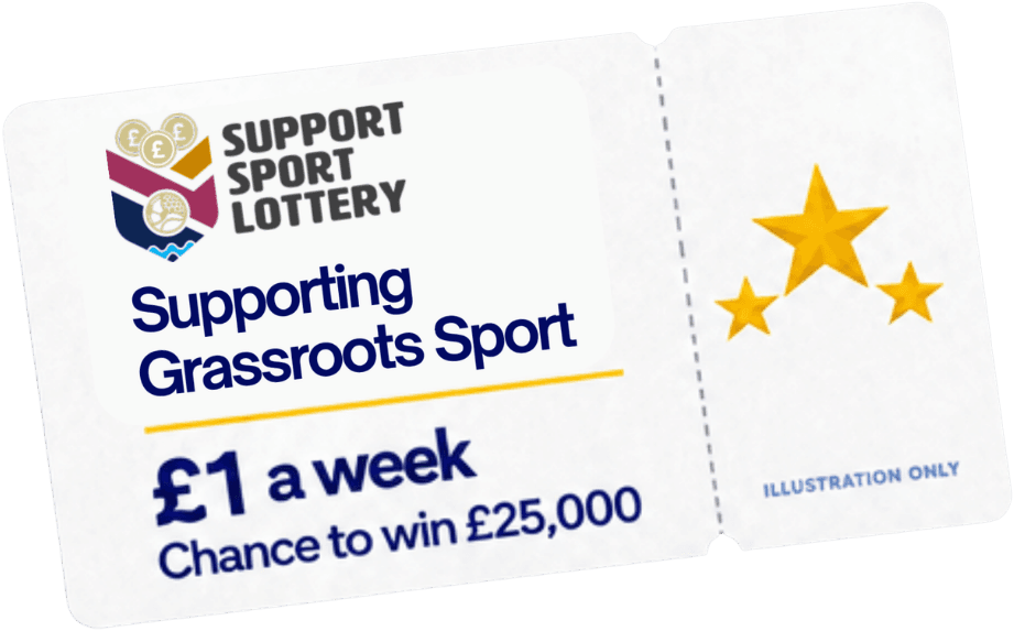 Illustration of a Support Sport Lottery ticket: £1 a week, chance to win £25,000